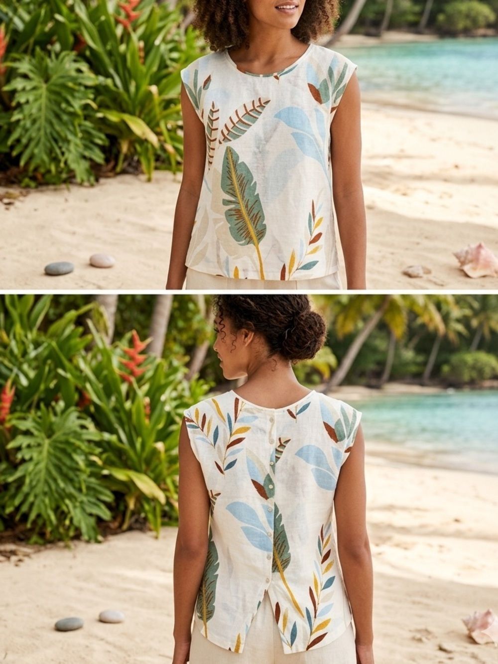 Cynthia Rowley Top Sz M Multi 100% Linen Tropical Print Button Back Boho Beach